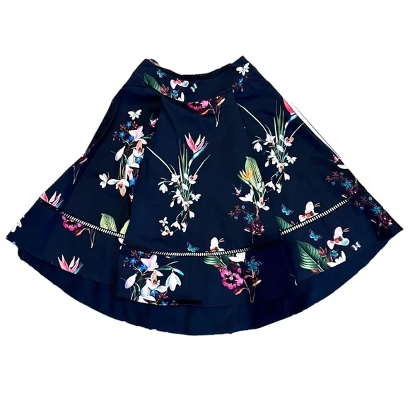 TED BAKER Plio Tropical Oasis Dipped Hem Skirt Navy - Picture 5 of 11